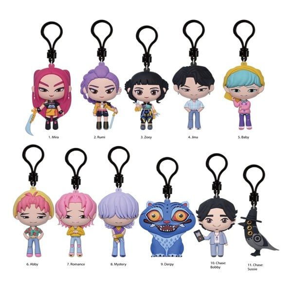 Visuel KPop Demon Hunters Figural Bag Clip Series 1 avec plusieurs personnages chibi colorés, vendu en sachet mystère avec un modèle aléatoire.