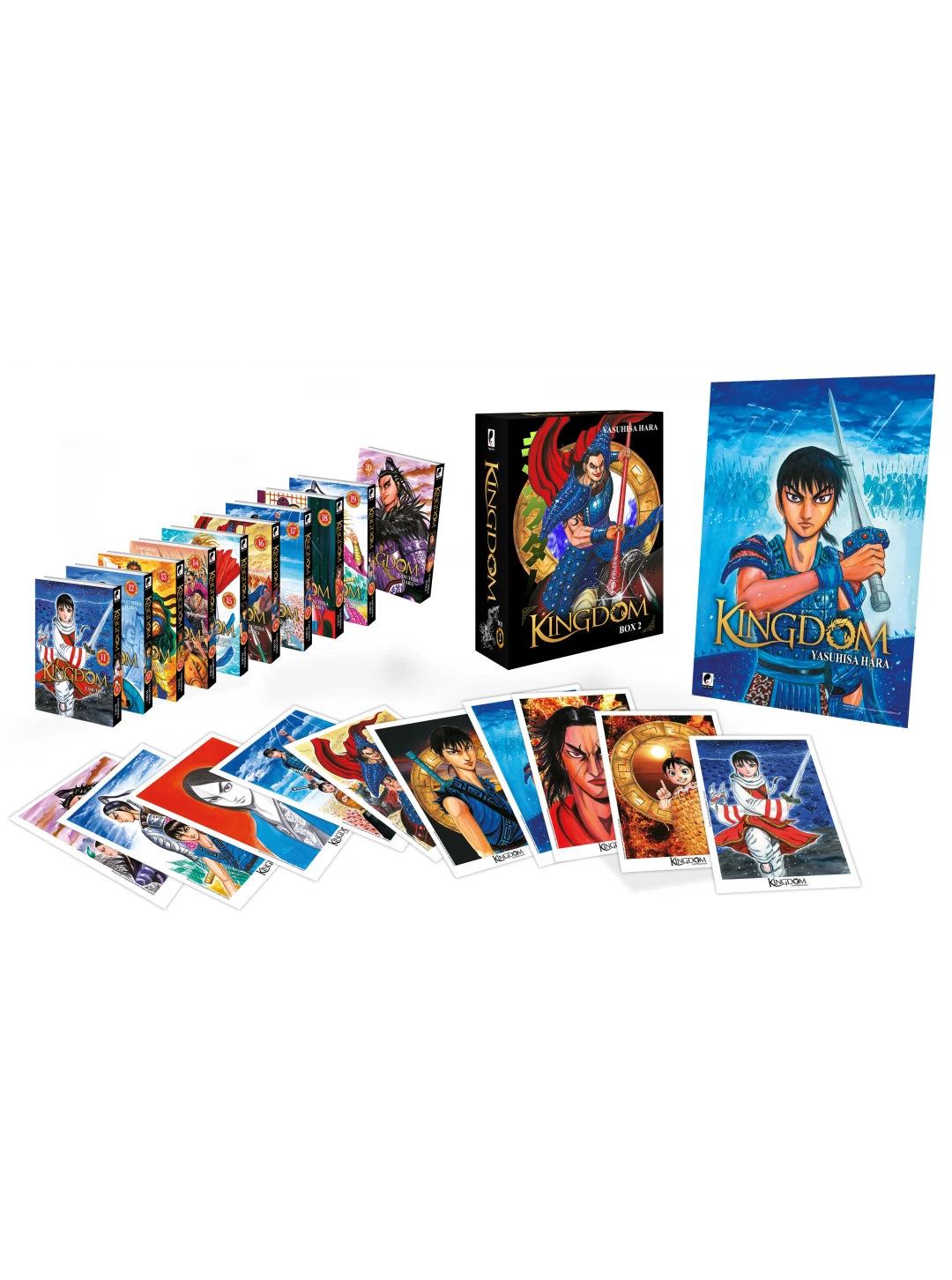 Coffret collector Kingdom Box 2 – tomes 11 à 20 avec illustration d’un général en armure bleue brandissant une lance, série de Yasuhisa Hara.