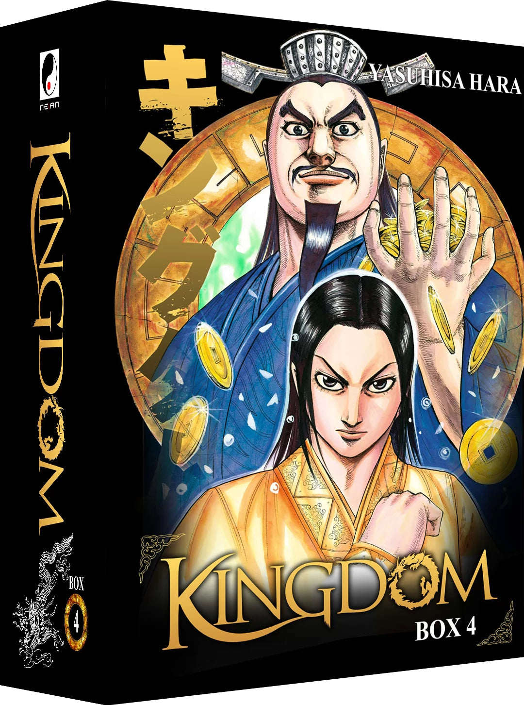 Coffret collector Kingdom Box 4 – tomes 31 à 40 avec deux personnages emblématiques en tenue royale et pièces d’or, manga de Yasuhisa Hara.