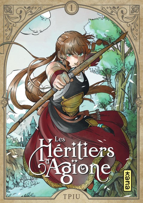 manga Les Héritiers d’Agione tome 1, montrant une jeune guerrière aux cheveux bruns brandissant une lance, prête à combattre, avec un décor médiéval en arrière-plan.