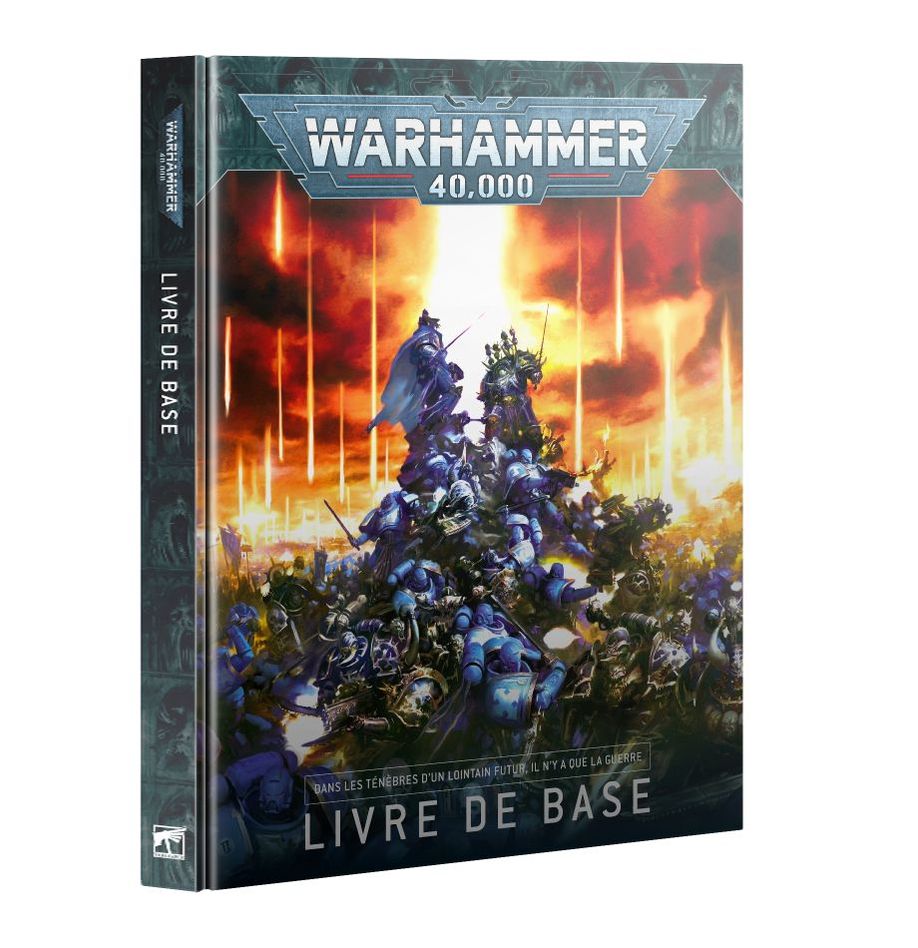 Livre de Base Warhammer 40,000 – couverture illustrée avec Space Marines en combat, guide complet des règles et de l’univers du 41e millénaire