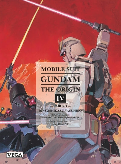 manga Mobile Suit Gundam The Origin Tome 4, avec le Gundam RX-78-2 affrontant un mobile suit de Zeon dans un combat au sabre laser.