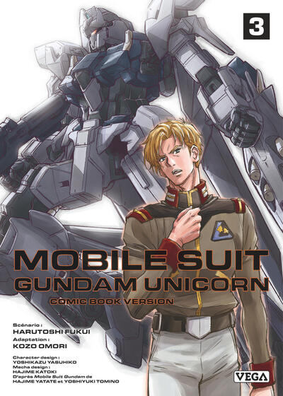 manga Mobile Suit Gundam Unicorn Tome 3, avec un pilote en uniforme devant le Gundam Unicorn.