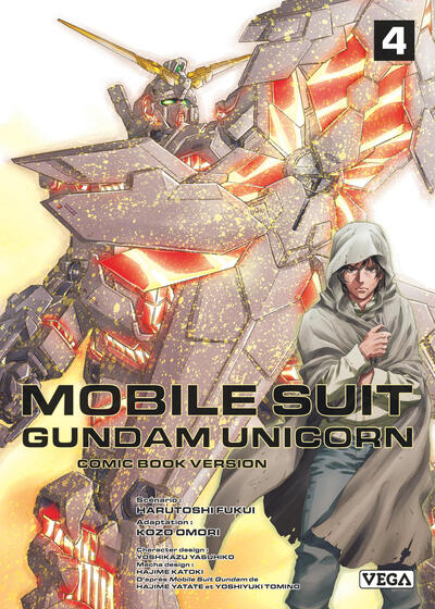 manga Mobile Suit Gundam Unicorn Tome 4, montrant un jeune homme en hoodie devant le Gundam Unicorn en mode Destroy.