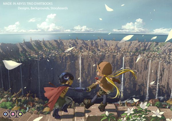 Illustration de Riko et Reg devant l’immense gouffre de l’Abysse, tirée du coffret Made in Abyss Trio d’Artbooks, regroupant designs, décors et storyboards.