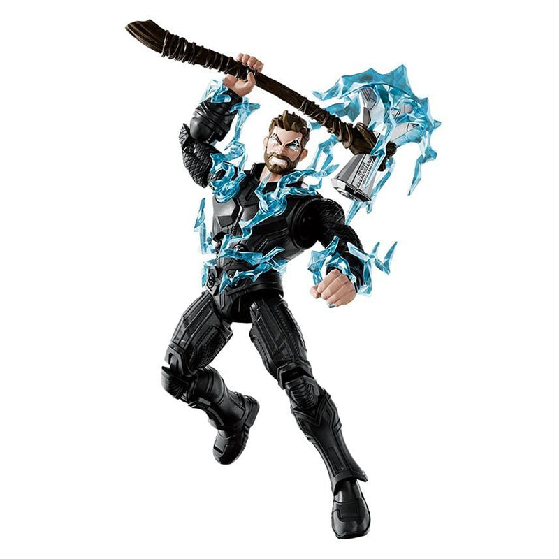 Boîte Marvel Blokees Champion Class Thor Infinity Saga avec le héros tenant Stormbreaker entouré d’éclairs bleus.