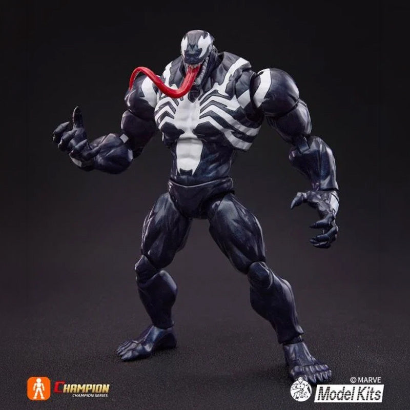 Boîte Marvel Rivals Blokees Champion Class Venom avec visuel du symbiote noir et blanc et tentacules, sur fond jaune et bleu.