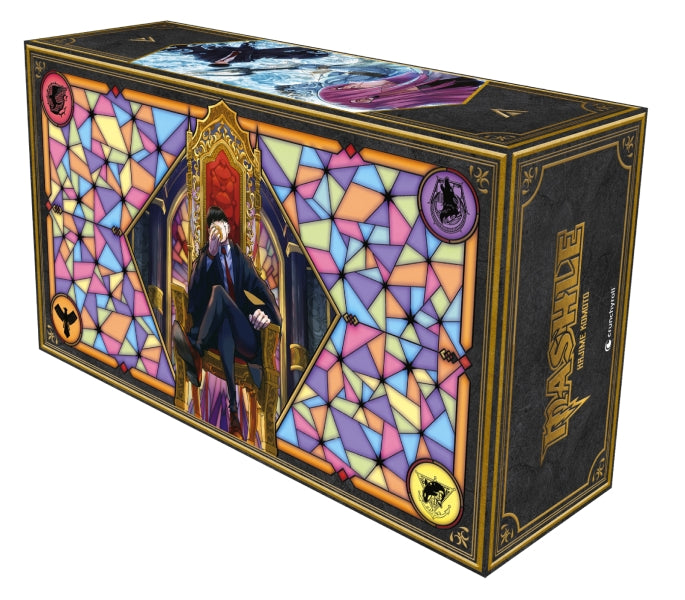 Coffret intégrale prestige Mashle édition limitée avec décor façon vitrail et illustration de Mash sur trône