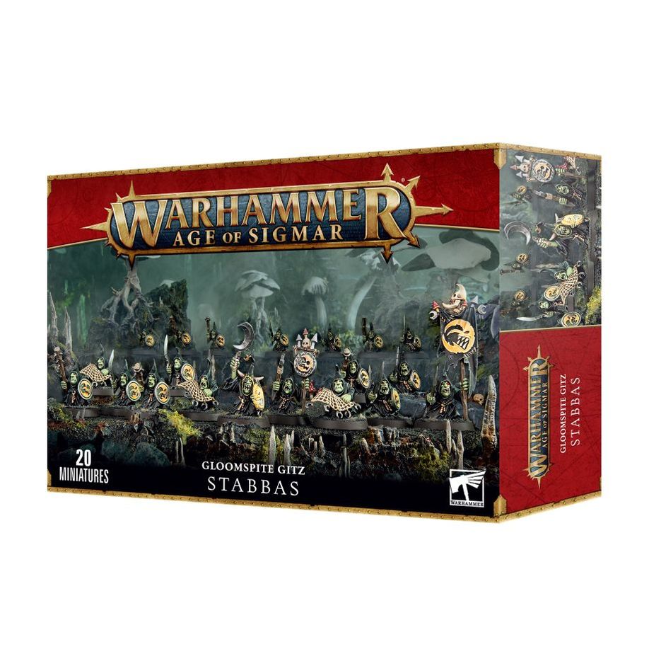 Boîte de figurines Warhammer Age of Sigmar – Gloomspite Gitz Stabbas, 20 gobelins Moonclan avec lances et boucliers, prêtes à envahir les champs de bataille.