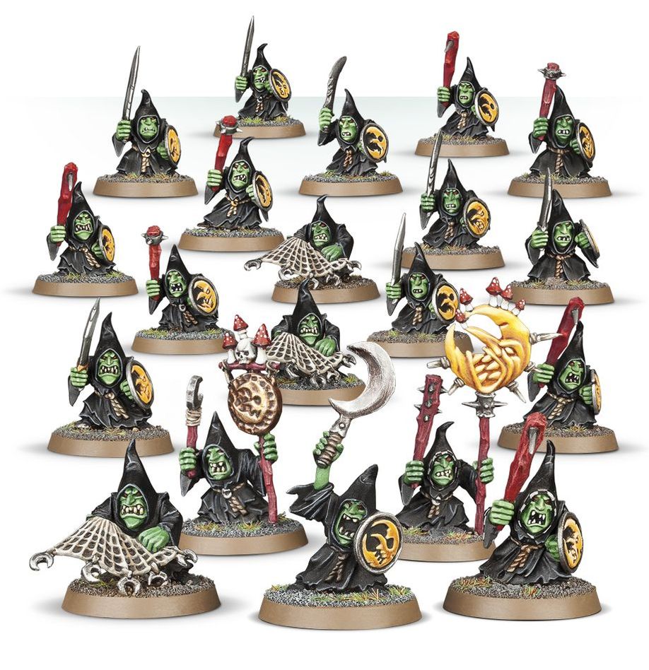 Boîte de figurines Warhammer Age of Sigmar – Gloomspite Gitz Stabbas, 20 gobelins Moonclan avec lances et boucliers, prêtes à envahir les champs de bataille.