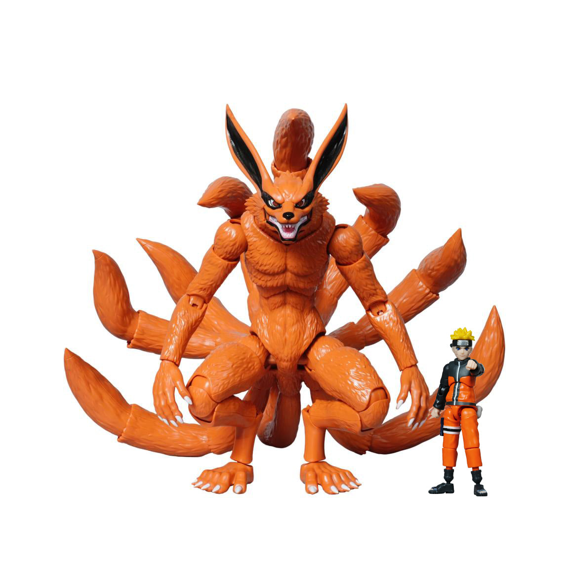 Figurines Naruto Shippuden Blokees Legend Edition 01 Kurama Nine Tails, représentant Kurama orange à neuf queues avec griffes, crocs et articulations visibles, accompagné de Naruto Uzumaki en tenue orange et noire.