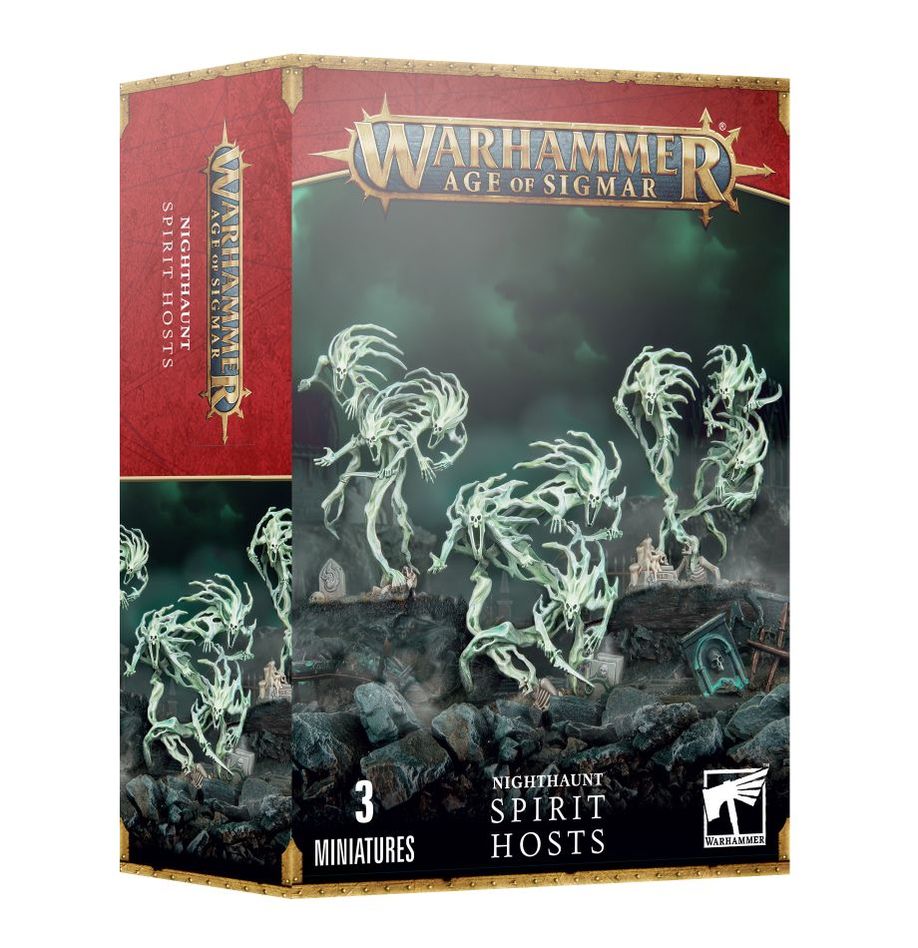 Figurines Warhammer Age of Sigmar – Nighthaunt Spirit Hosts : 3 esprits spectres en plastique avec socles scéniques.