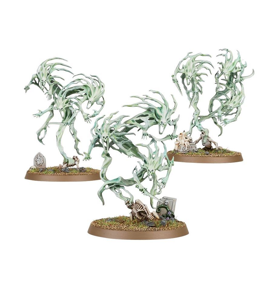 Figurines Warhammer Age of Sigmar – Nighthaunt Spirit Hosts : 3 esprits spectres en plastique avec socles scéniques.