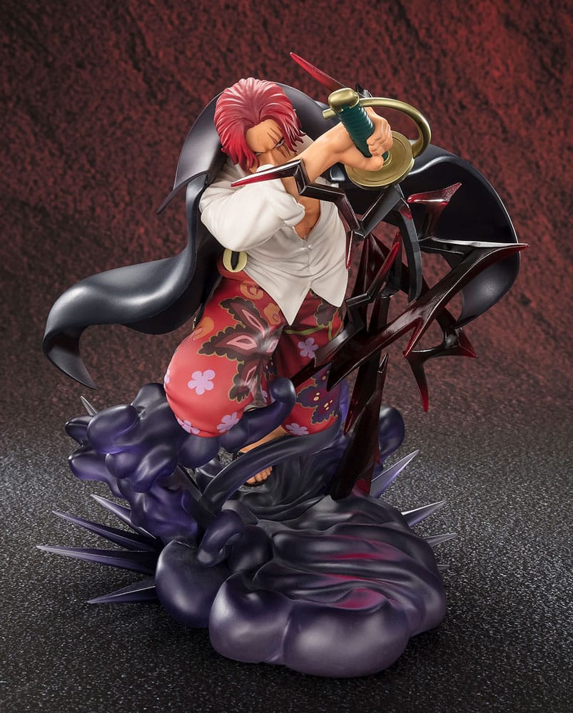Figurine One Piece FiguartsZERO Extra Battle - Shanks : Divine Departure, représentant Shanks utilisant son sabre dans une attaque dévastatrice avec des effets de Haki.
