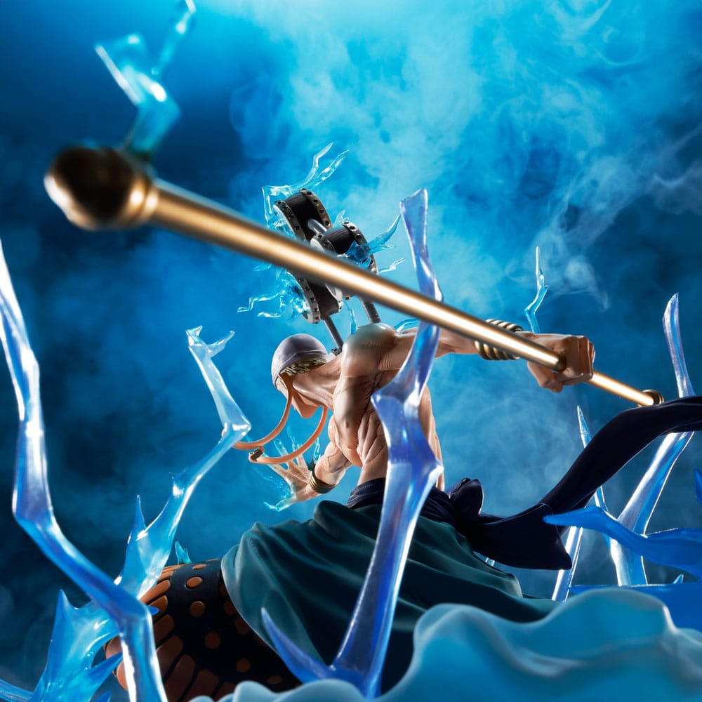Figurine d'Enel de One Piece lançant une attaque électrique, entouré de foudre bleue, issue de la collection Figuarts ZERO Extra Battle.