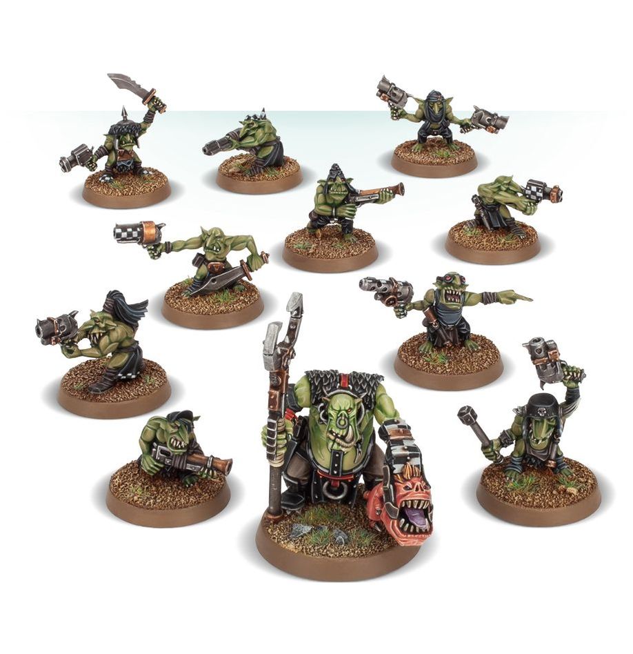 Boîte Warhammer 40K – Runtherd et Gretchins, 11 figurines comprenant un chef Ork et sa horde de petites terreurs vertes.