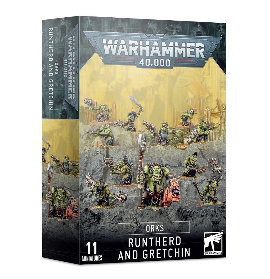 Boîte Warhammer 40K – Runtherd et Gretchins, 11 figurines comprenant un chef Ork et sa horde de petites terreurs vertes.