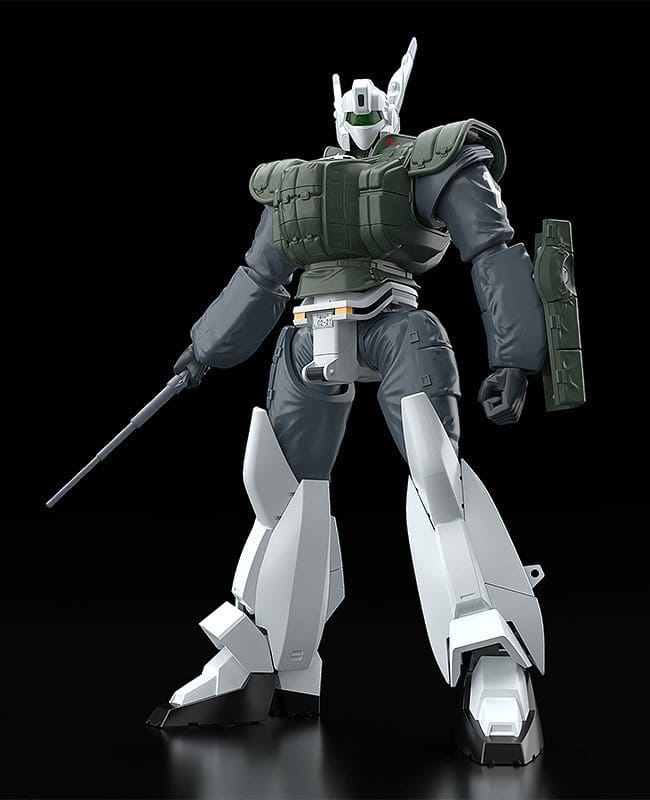 Plastic Model Kit MODEROID Patlabor 2 The Movie AV-98 Ingram Reactive Armor 1/60 de 13 cm, mecha blanc avec armure réactive verte, bouclier et arme.