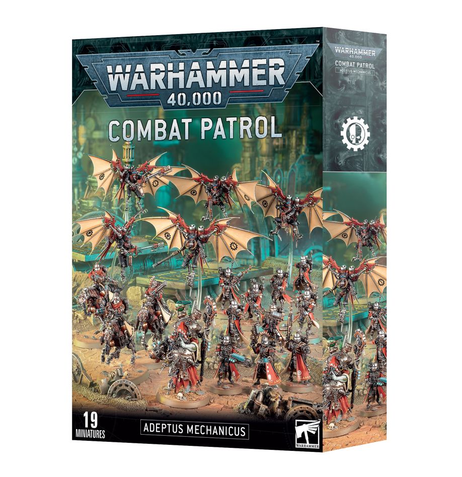 Boîte Warhammer 40,000 Combat Patrol Adeptus Mechanicus avec 19 figurines du Culte Mechanicus, incluant soldats cybernétiques, cavaliers et unités volantes