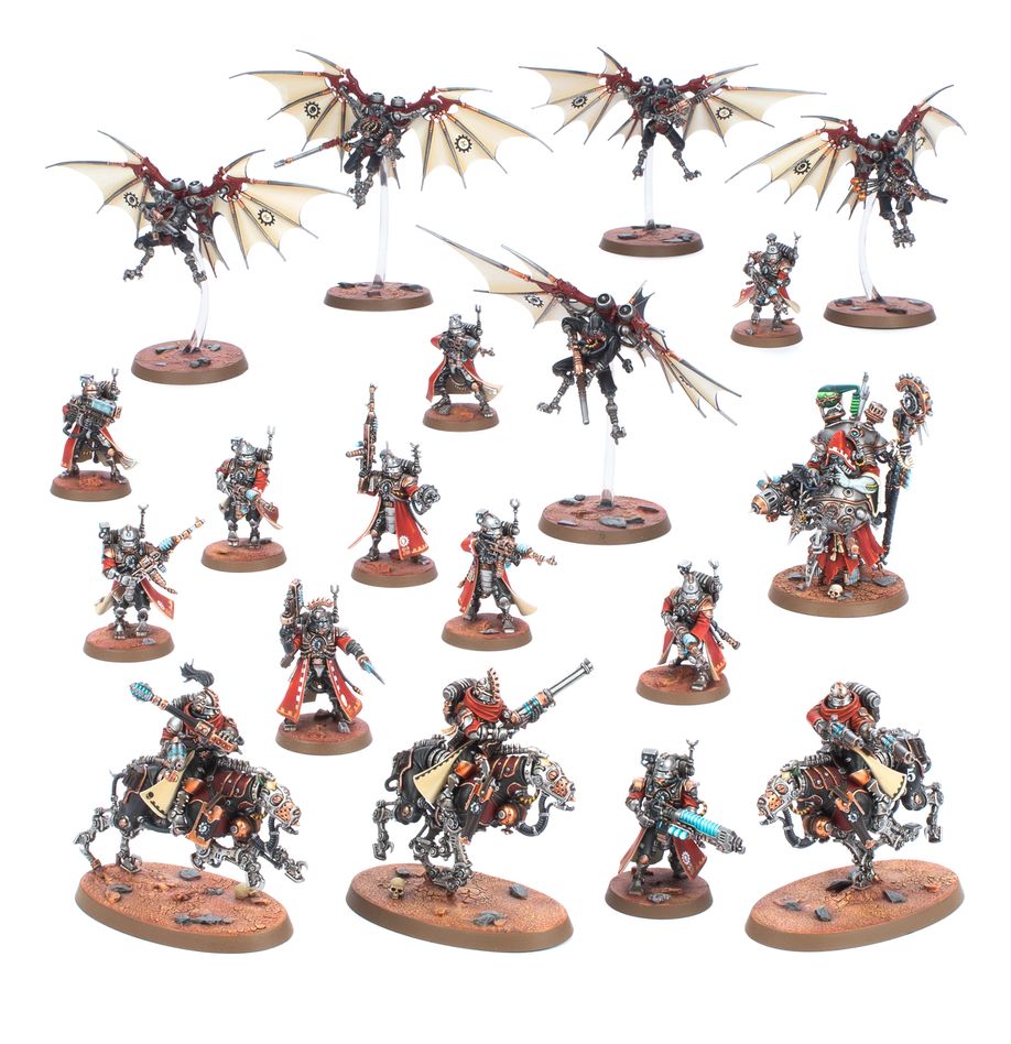 Boîte Warhammer 40,000 Combat Patrol Adeptus Mechanicus avec 19 figurines du Culte Mechanicus, incluant soldats cybernétiques, cavaliers et unités volantes