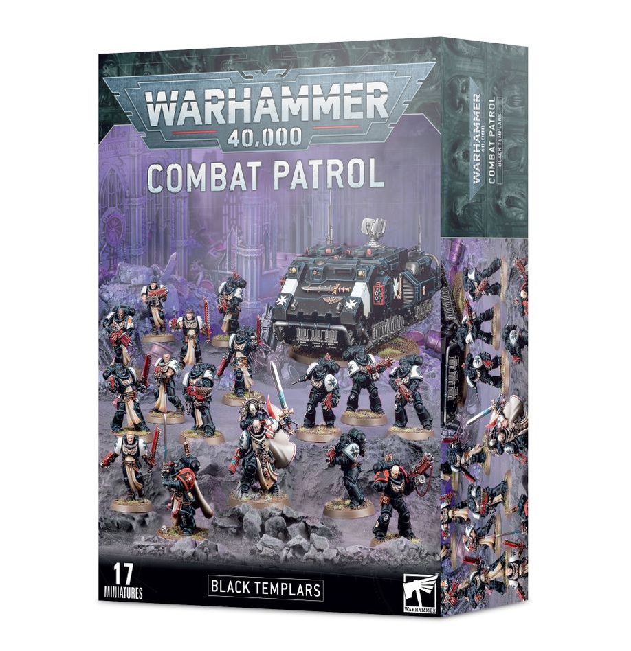 Boîte Warhammer 40,000 Combat Patrol Black Templars avec 17 figurines : unités Space Marines fanatiques, personnages et véhicule Impulsor