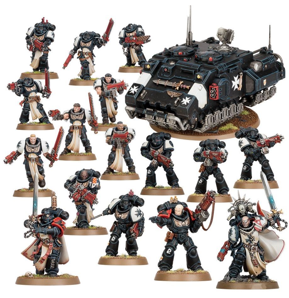 Boîte Warhammer 40,000 Combat Patrol Black Templars avec 17 figurines : unités Space Marines fanatiques, personnages et véhicule Impulsor