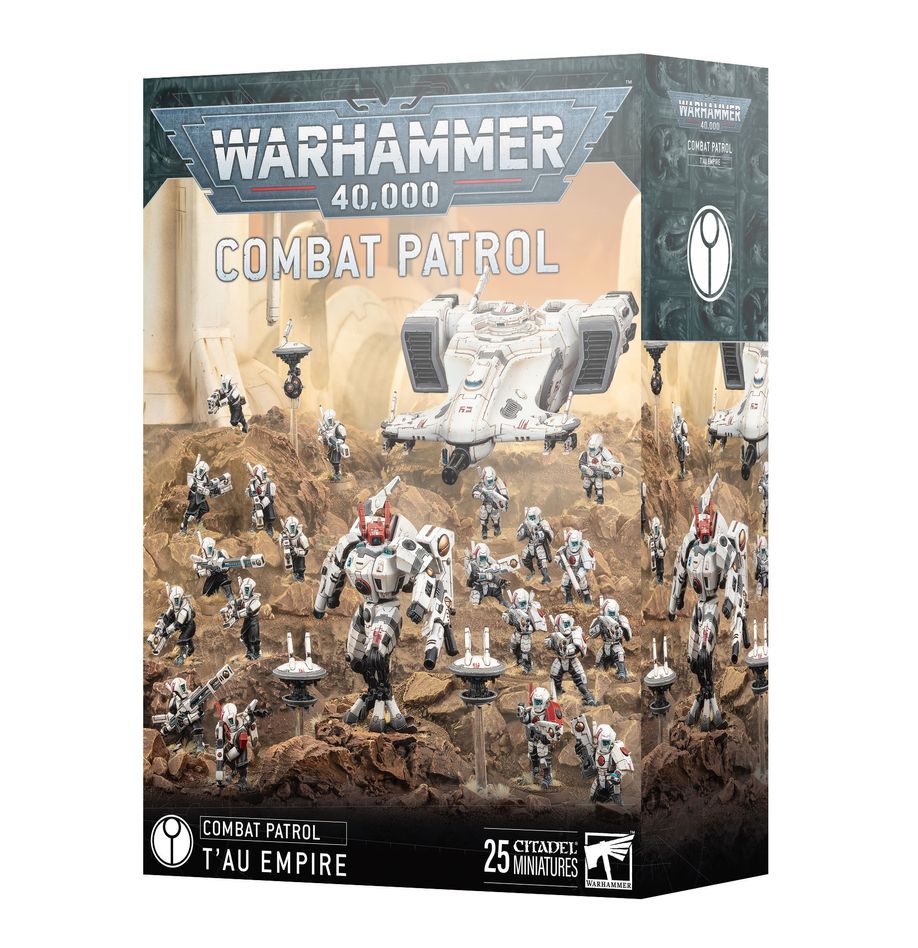 Boîte Warhammer 40,000 Combat Patrol T’au Empire avec 25 figurines futuristes incluant guerriers de feu, drones, battlesuit et transport Devilfish