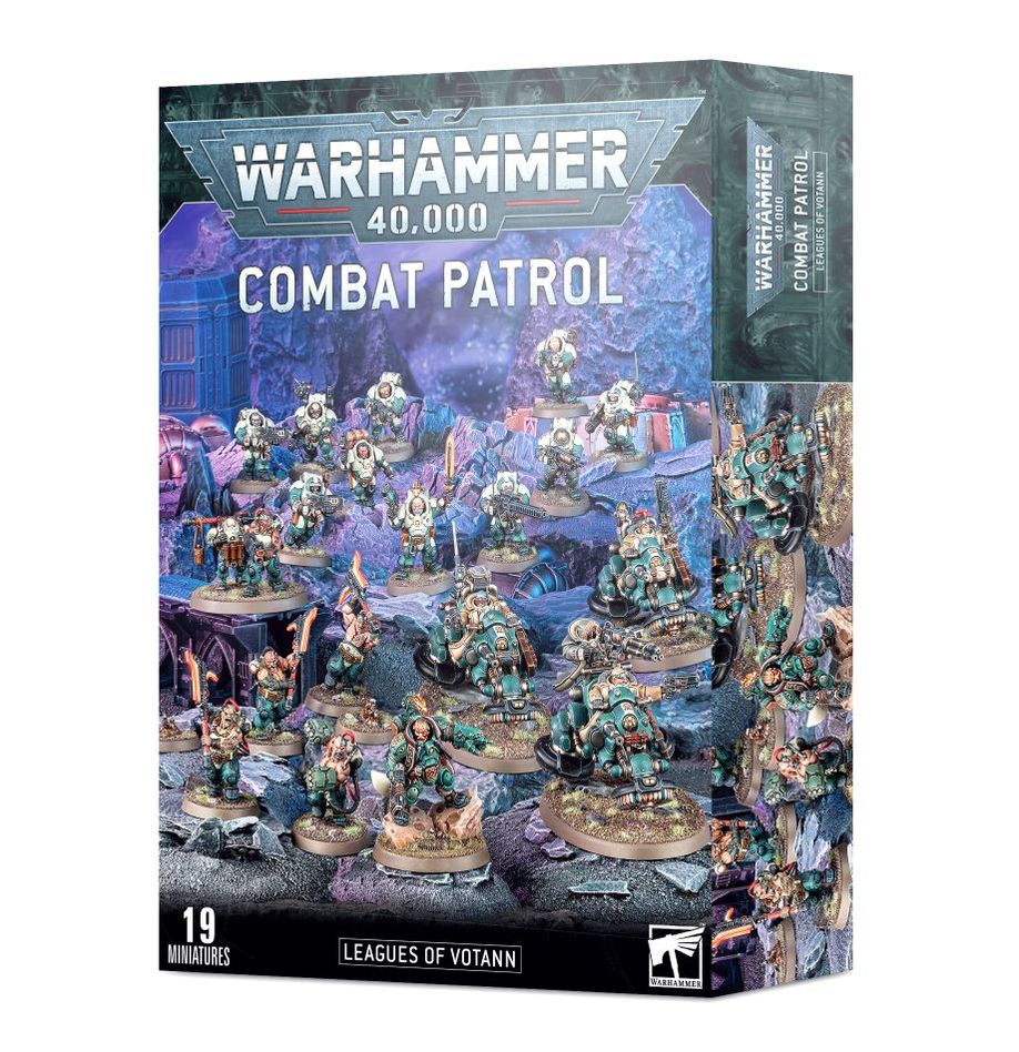 Boîte Warhammer 40,000 Combat Patrol Ligues de Votann avec 25 figurines incluant unités blindées, troupes Kin, motos gravitiques et personnages