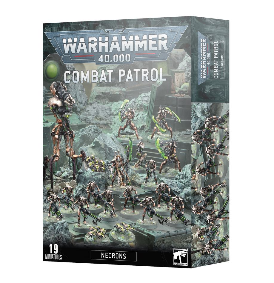 Boîte Warhammer 40,000 Combat Patrol Necrons contenant 19 figurines mécaniques : guerriers, scarabées, destroyers et un seigneur