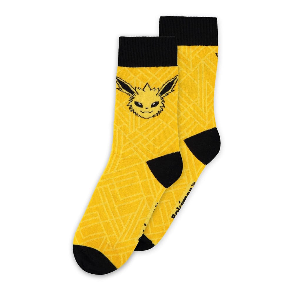Pack de 3 chaussettes Pokémon représentant Jolteon, Vaporeon et Flareon sur fond jaune, bleu et orange respectivement.