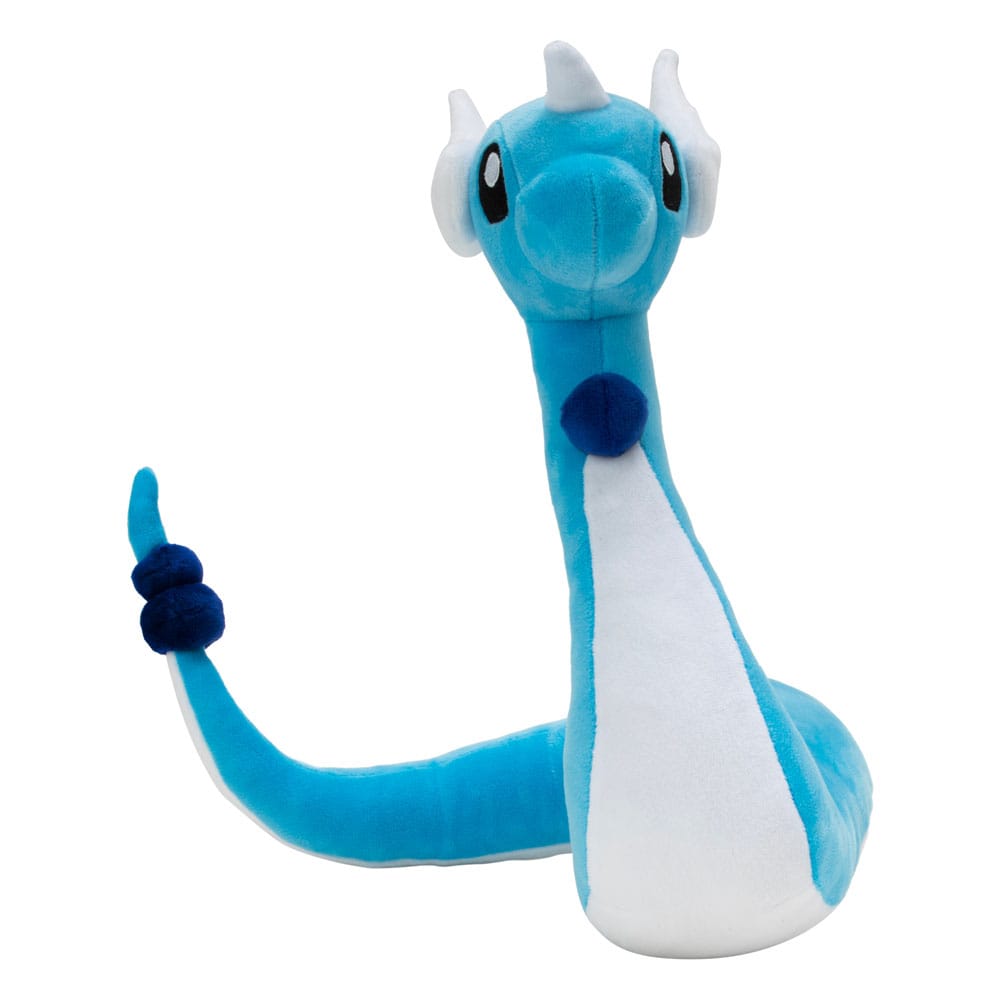 Peluche officielle Pokémon Draco assis, bleue et blanche, avec détails brodés