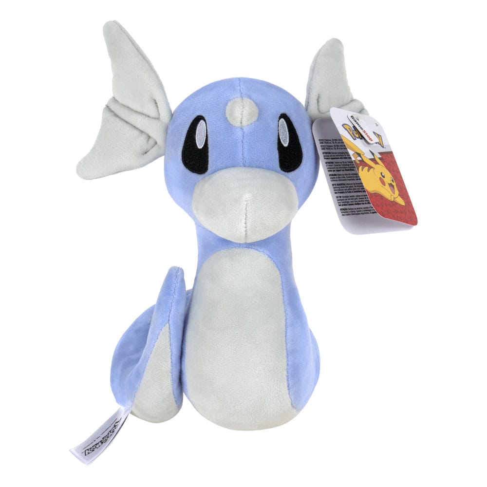 Peluche officielle Pokémon de Minidraco, bleue et blanche, avec étiquette Pikachu
