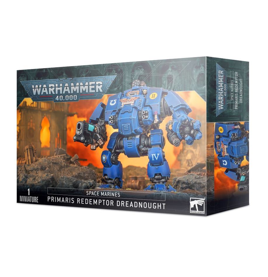 Boîte de figurine Primaris Redemptor Dreadnought pour Warhammer 40K, unité lourde des Space Marines.