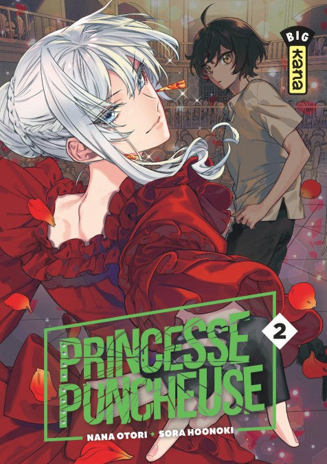 manga Princesse Puncheuse Tome 2, montrant une jeune femme aux cheveux blancs en robe rouge avec un gant noir, lançant un regard assuré, et un jeune homme brun en arrière-plan.
