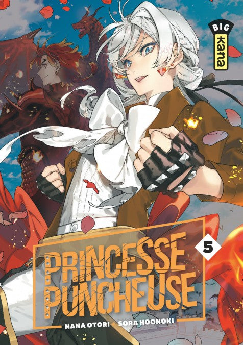 manga Princesse Puncheuse Tome 5, montrant une jeune femme aux cheveux blancs avec un bandeau, vêtue d’un manteau marron et gants noirs, prête à se battre, avec un homme aux cheveux rouges en arrière-plan.
