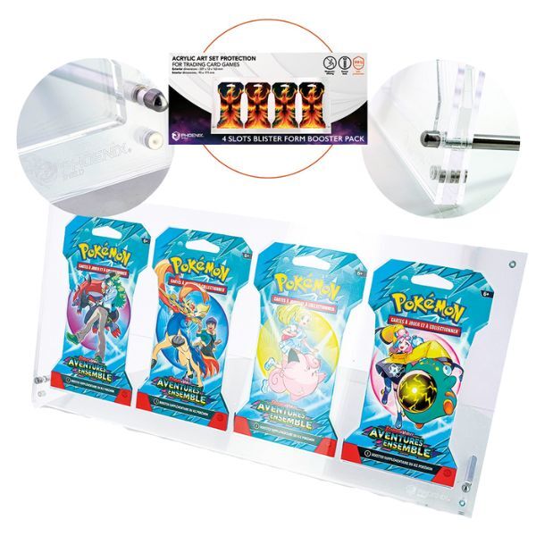 Protection acrylique transparente Phoenix Shield pour 4 boosters Pack Art Set, conçue pour exposer et protéger des boosters scellés de cartes à collectionner.