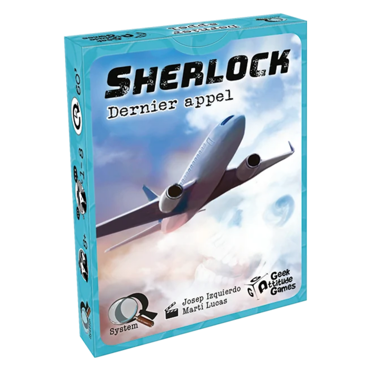 Boîte turquoise du jeu Q System Sherlock Dernier Appel de Geek Attitude Games, représentant un avion de ligne en plein vol au-dessus des nuages.
