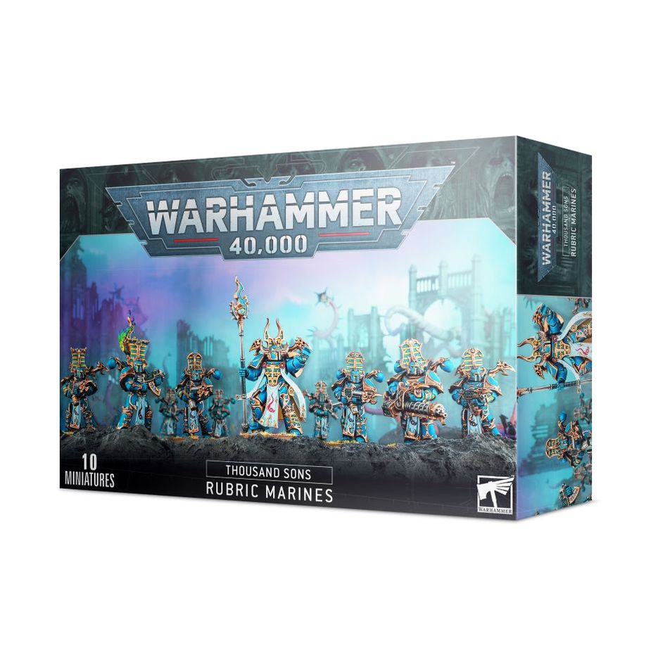 Boîte de figurines Rubric Marines pour Warhammer 40K, avec 10 guerriers ensorcelés et un Aspiring Sorcerer.