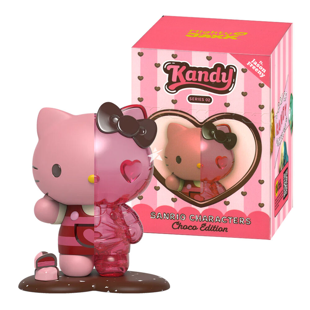 Blind Box Sanrio Kandy Series 02 avec figurines translucides et chocolatées représentant Hello Kitty, My Melody, Kuromi et d'autres personnages emblématiques.