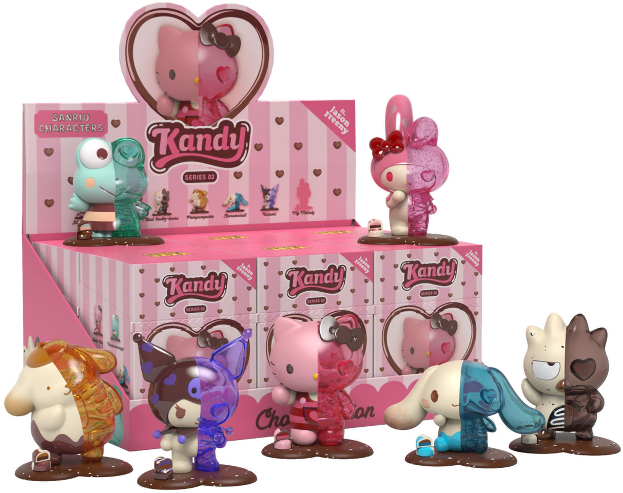 Blind Box Sanrio Kandy Series 02 avec figurines translucides et chocolatées représentant Hello Kitty, My Melody, Kuromi et d'autres personnages emblématiques.