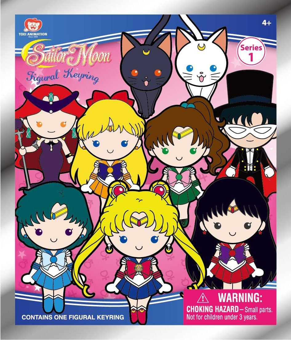 série 1 des Sailor Moon Figural Keyrings, montrant Sailor Moon, Tuxedo Mask, les Sailor Senshi et les chats Luna & Artemis dans un style chibi coloré et kawaii.