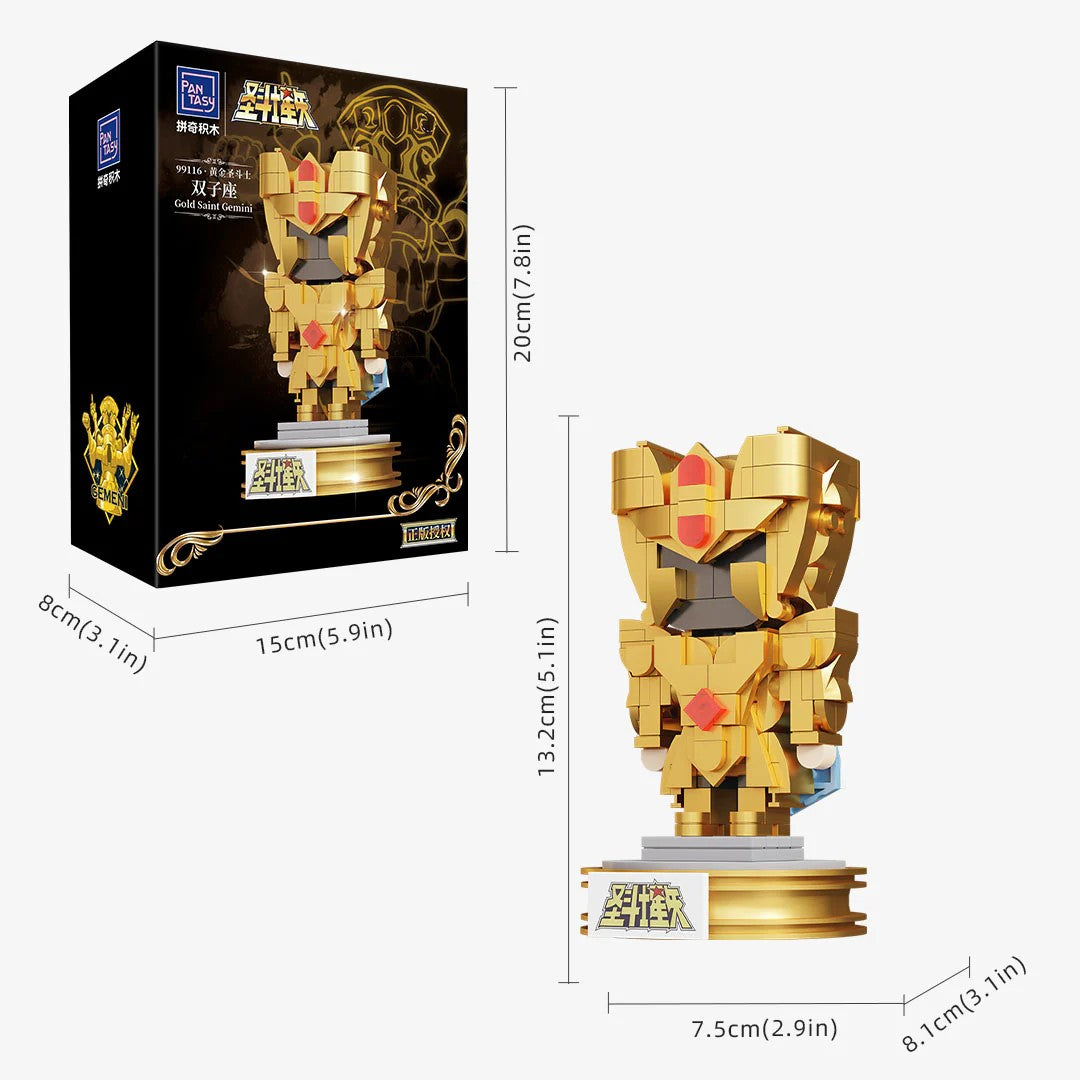 Pantasy Mini Gold Gemini – Figurine chibi en briques à construire du Chevalier des Gémeaux de Saint Seiya avec armure dorée et socle collector