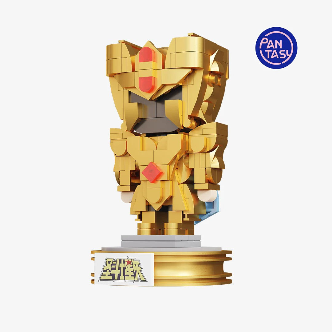 Pantasy Mini Gold Gemini – Figurine chibi en briques à construire du Chevalier des Gémeaux de Saint Seiya avec armure dorée et socle collector