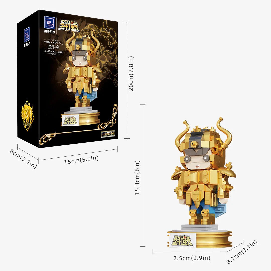 Pantasy Mini Gold Taurus – Figurine en briques à construire du Chevalier du Taureau (Aldébaran) de Saint Seiya avec armure dorée et base d’exposition