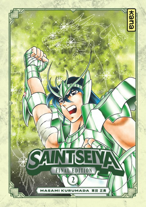 manga Saint Seiya Final Edition tome 2, mettant en avant Shiryu du Dragon en armure verte, poing levé, sur un fond étoilé vert scintillant.