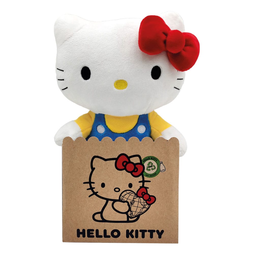 Peluche Hello Kitty Classic 24 cm avec salopette bleue et nœud rouge, design officiel Sanrio.