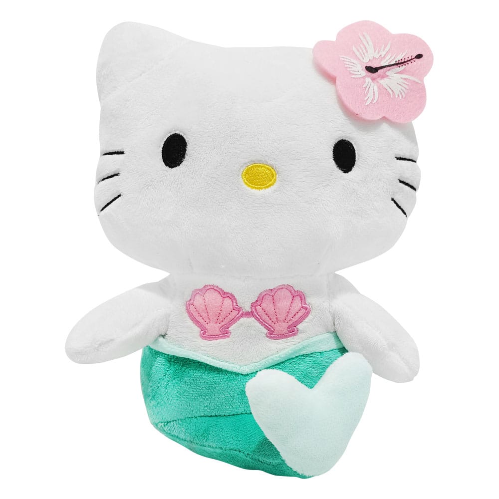 Peluche Hello Kitty de 24 cm en sirène avec queue turquoise, coquillages roses et fleur hibiscus, version officielle Sanrio.