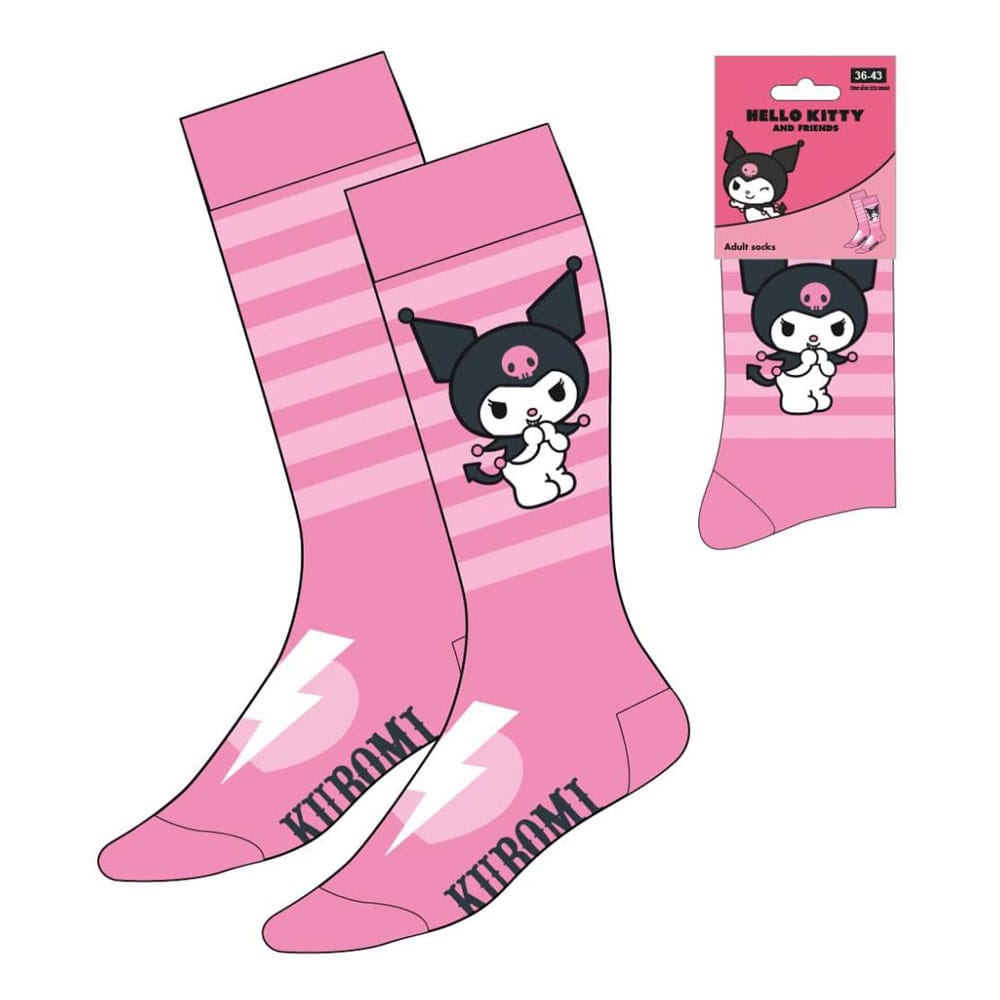 Paire de chaussettes roses à rayures avec motif Kuromi et éclair blanc, taille 36-43, produit officiel Sanrio.