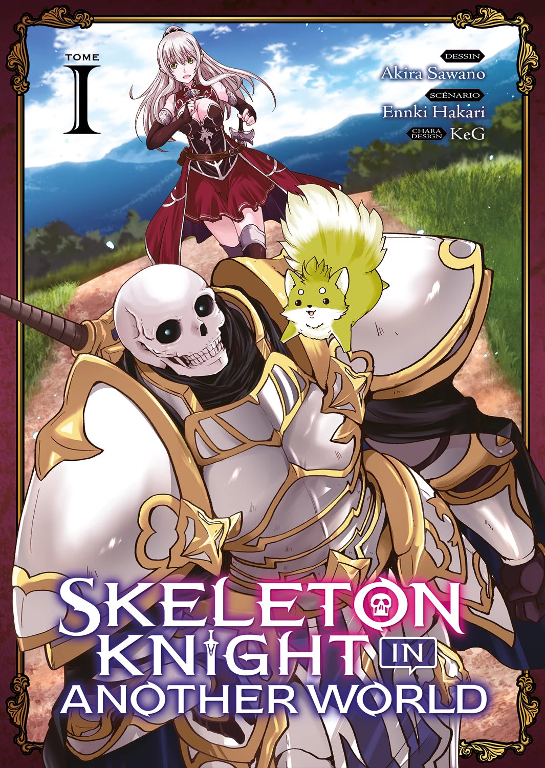 manga Skeleton Knight in Another World – Un chevalier squelette en armure dorée accompagné d’une aventurière.