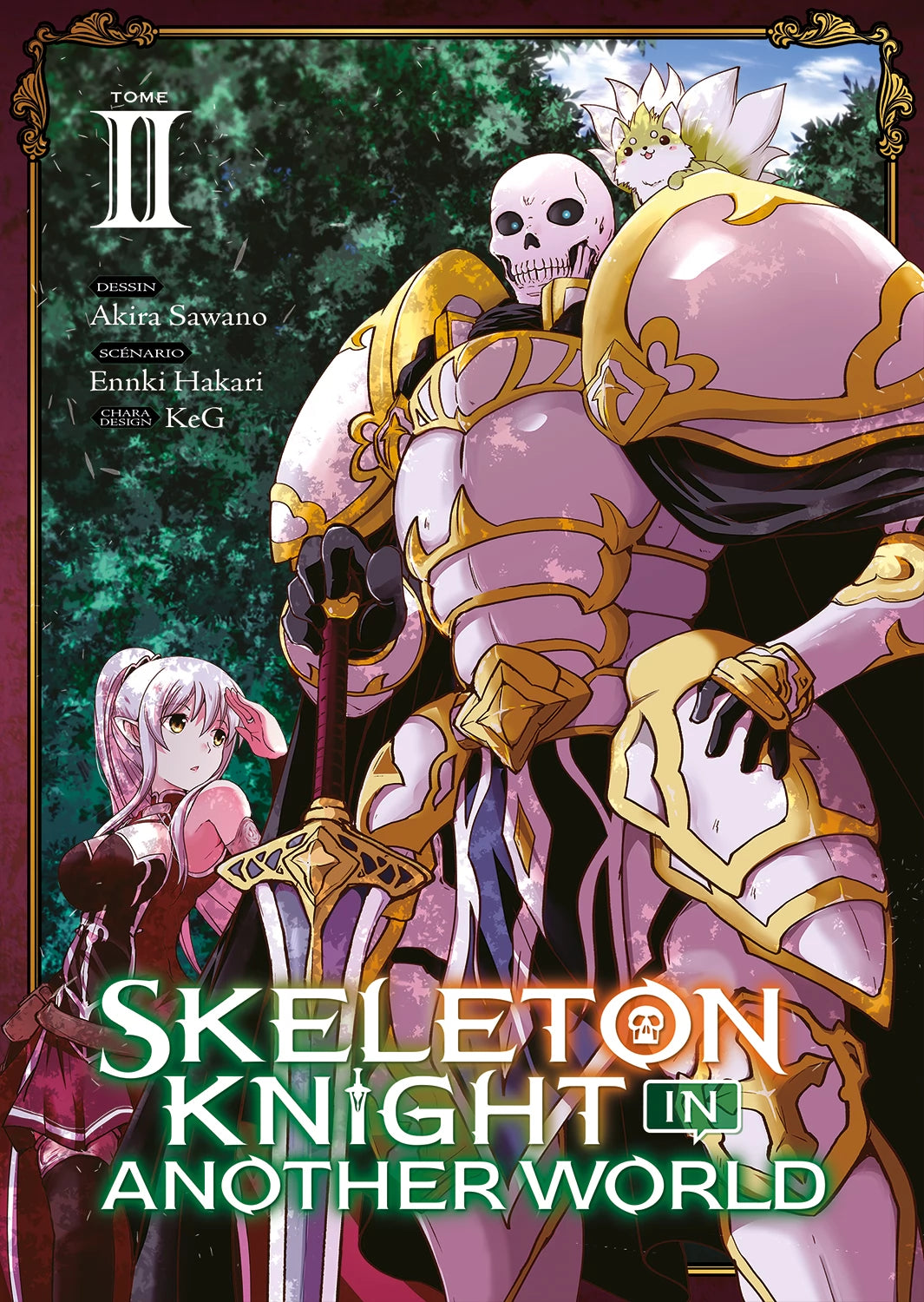 manga Skeleton Knight in Another World – Un chevalier squelette en armure dorée accompagné d’une aventurière.